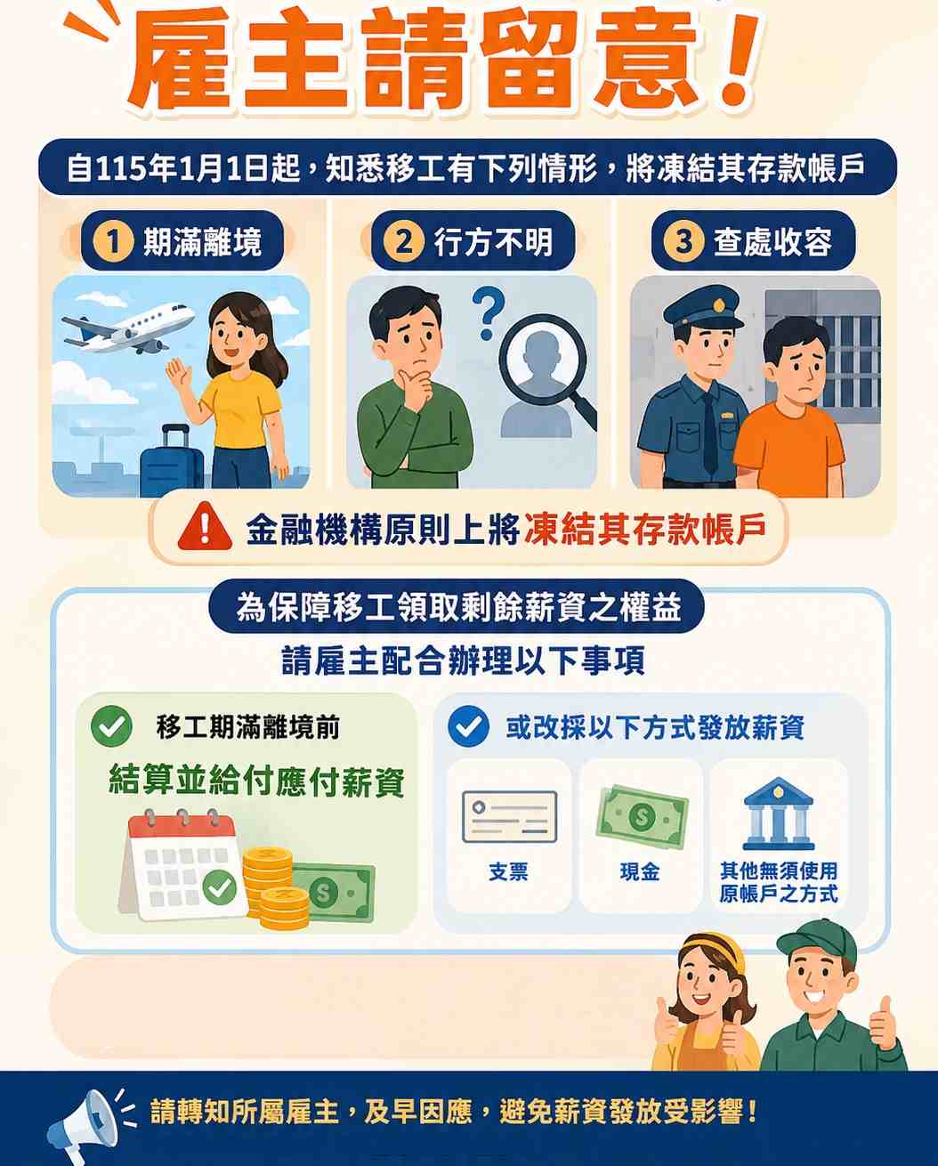 請雇主儘量於移工期滿離境前，結算、給付應付薪資